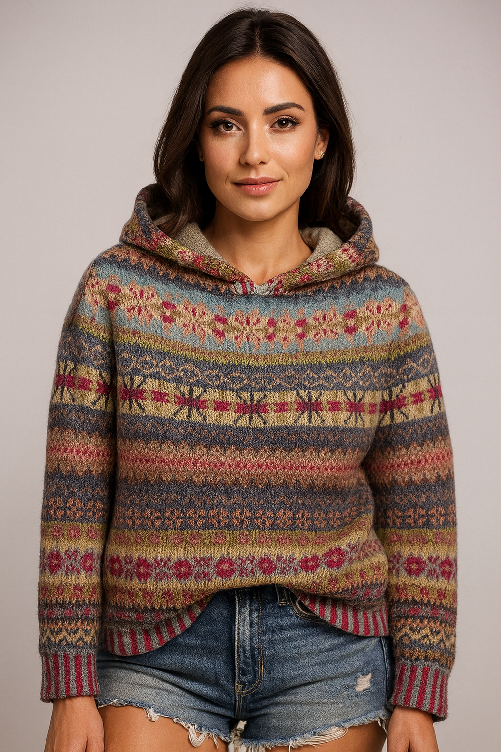 SUÉTER NÓRDICO CON CAPUCHA DE ESTILO CASUAL