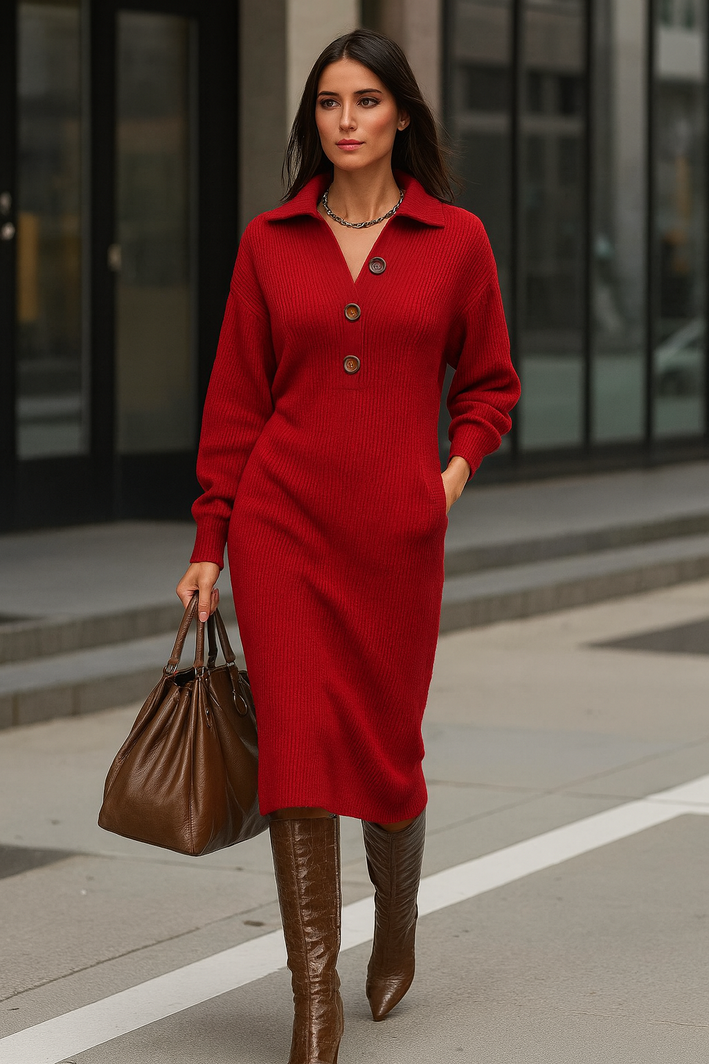 VESTIDO PUNTO MIDI CHIC CON CINTURÓN