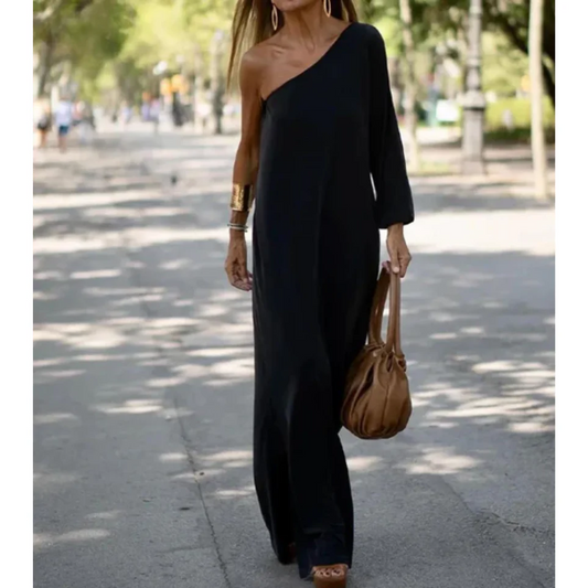 VESTIDO LARGO ELEGANTE CORTE ASIMETRICO MISHEL