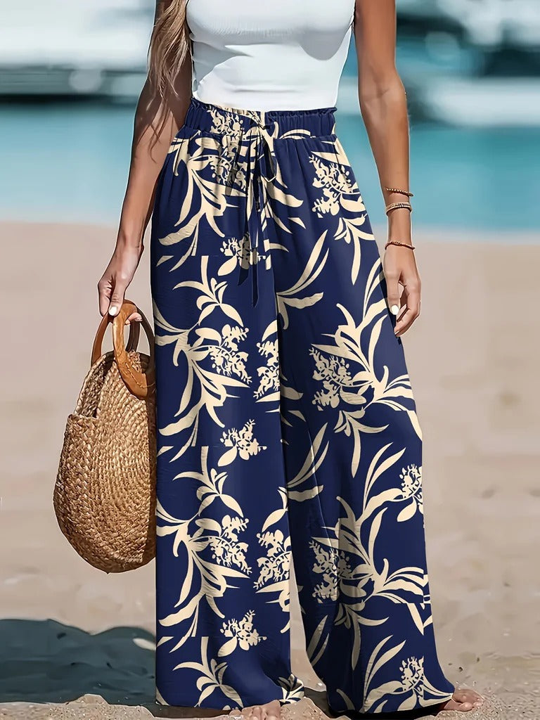 PANTALON PALAZZO FLORAL AZUL MARINO