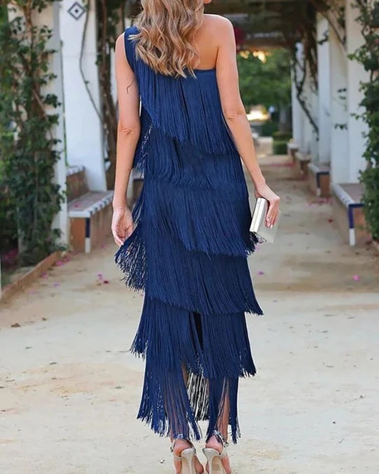 VESTIDO ASIMETRICO CON FLECOS GLAMOUROSO ANA