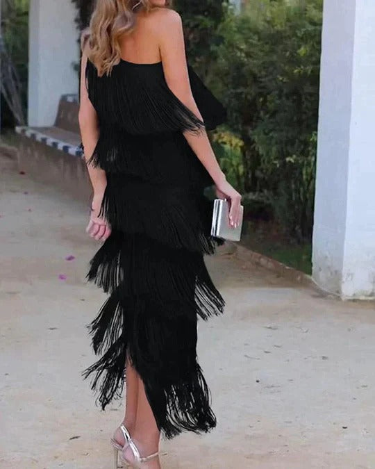 VESTIDO ASIMETRICO CON FLECOS GLAMOUROSO ANA