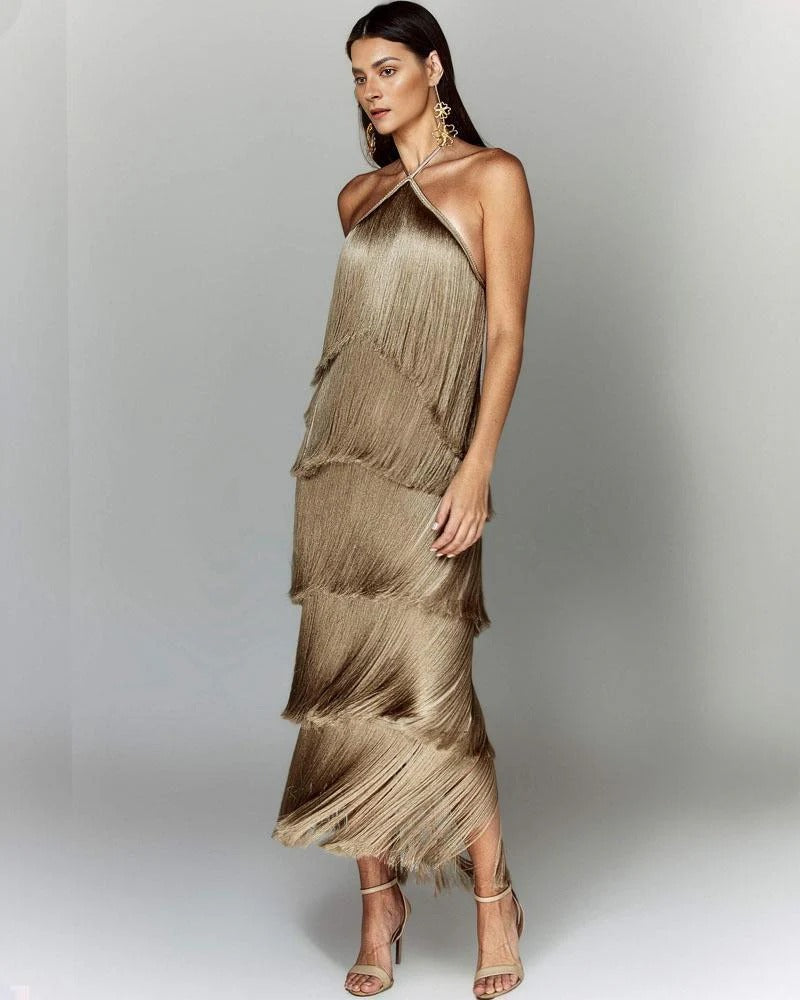 VESTIDO INOLVIDABLE GLAMOUROSO DE FLECOS HELENA