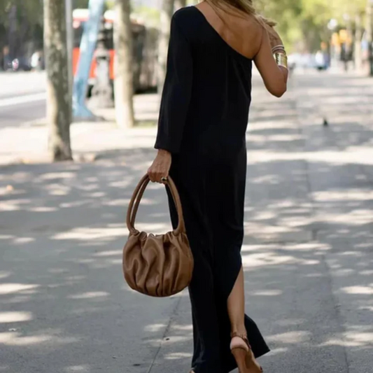 VESTIDO LARGO ELEGANTE CORTE ASIMETRICO MISHEL